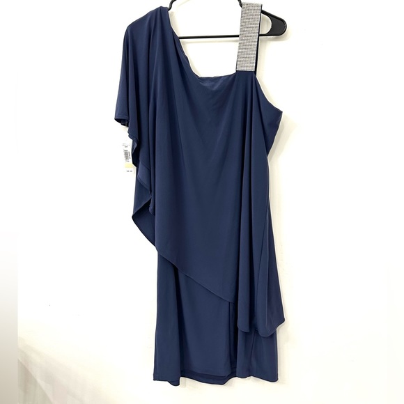 R&M Richards Plus Size Rhinestone-Trim One-Shoulder Dress Size 14W Navy Blue - Picture 4 of 13